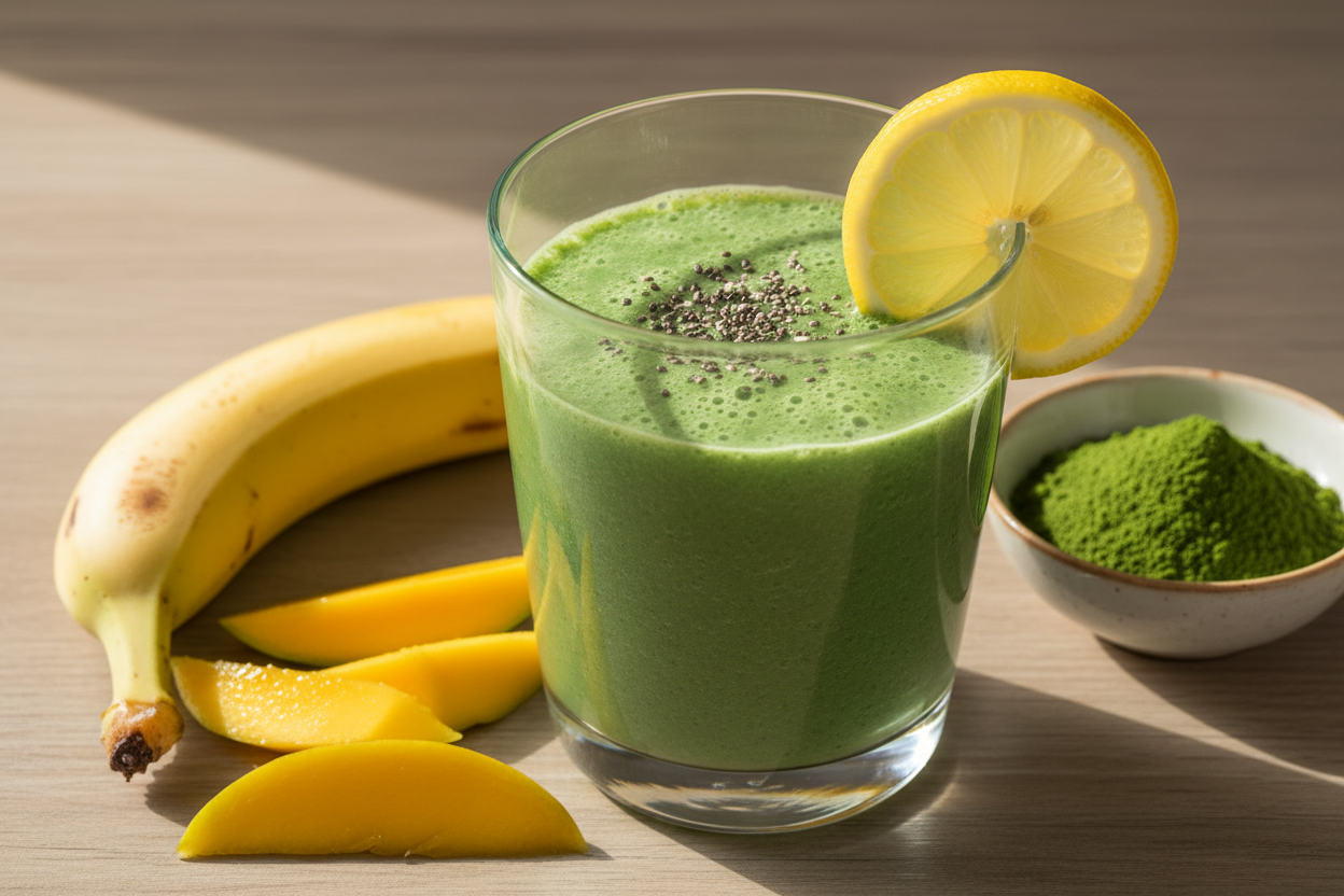 Smoothie Vert au moringa Idéal pour : Petit-déjeuner ou coup de boost dans la journéeIngrédients (1 portion) :1 banane bien mûre1/2 mangue (ou 1/2 pomme si hors saison)1 cuillère à café de poudre de moringa me®200 ml de lait végétal (amande ou coco)1 cuillère à café de graines de chia (optionnel)Quelques glaçonsPréparation :Mettre tous les ingrédients dans un blender.Mixer jusqu’à obtention d’un mélange lisse.Servir frais. Décorer avec une rondelle de citron ou quelques graines.Bienfaits :Riche en fer, fibr